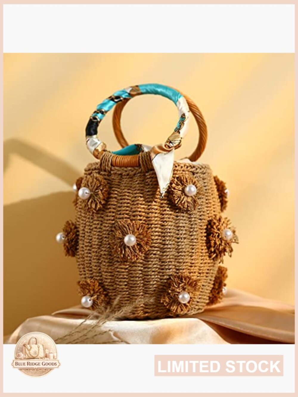Woven Straw Bucket Bag Drawstring Tote Summer Beach Handbag Pearl Flower - Picture 3 of 7